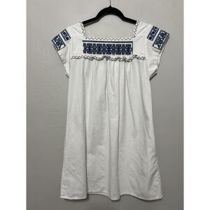 Freeway Boho M Embroidered Peasant‎ Dress Pockets White Denim Sustainable Cotton